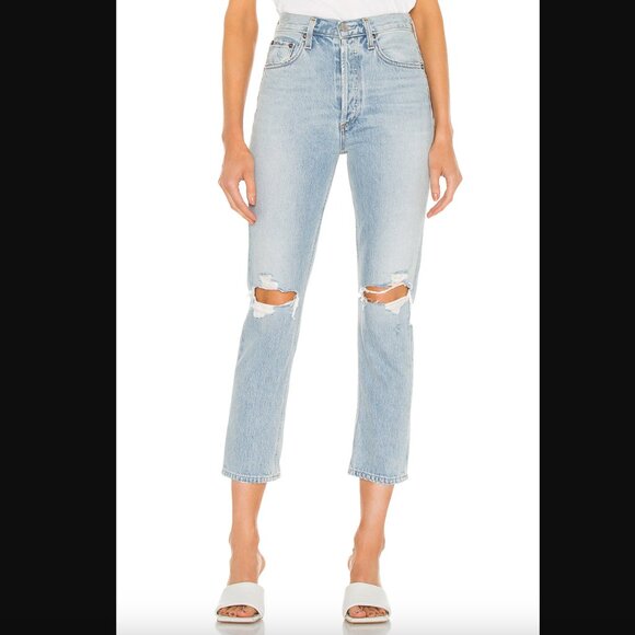 Agold Riley High Rise Straight Crop Rip Knee Distressed Jeans in Clear Skies 28" - Picture 1 of 10